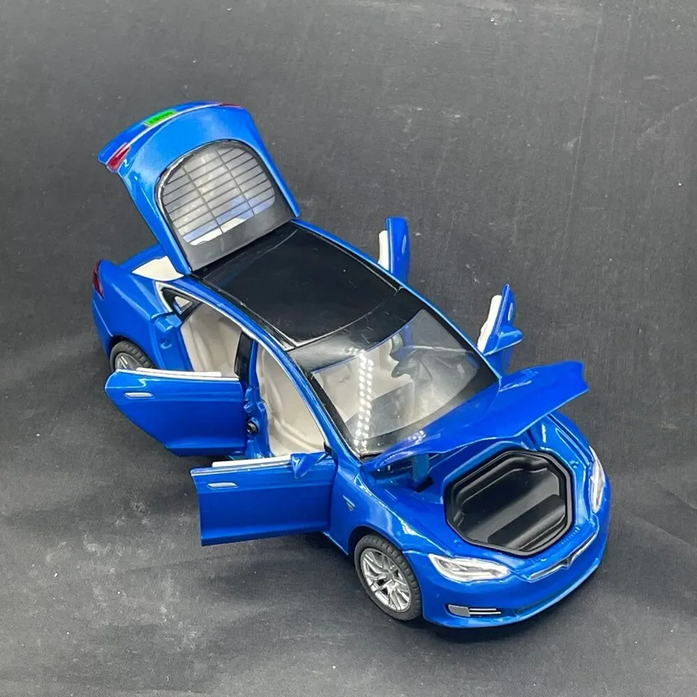 Blue Tesla Model S Diecast Toy Car Open Doors Hood Trunk Sound, Motion, & Light